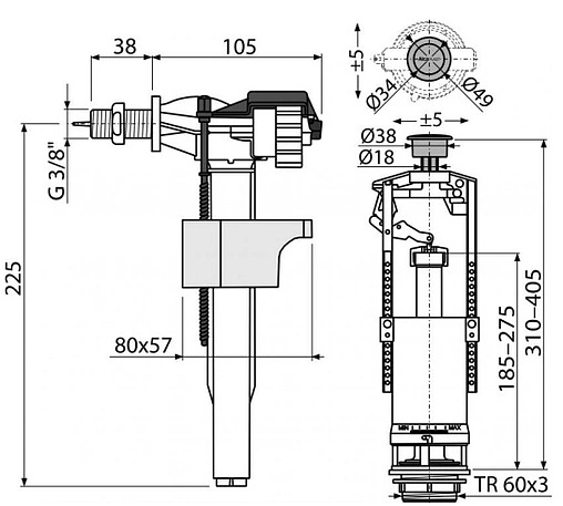 Комплект арматуры для бачка однорежимный ⅜" латунь боковой AlcaPlast SA2000K ⅜" Комплект арматуры для бачка однорежимный ⅜" латунь боковой AlcaPlast SA2000K ⅜"