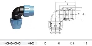 Уголок компрессионный соединительный 63мм x 63мм Unidelta 1006064000 Уголок компрессионный соединительный 63мм x 63мм Unidelta 1006064000, 2