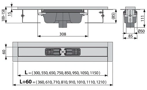 Лоток душевой 1050мм h=85мм 1.15л/сек AlcaPlast APZ1001-1050