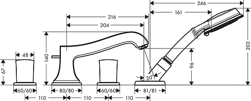 Смеситель на борт ванны на 4 отверстия Hansgrohe Metropol Classic хром/золото 31315090