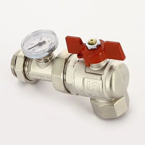 Кран шаровый с американкой угловой и термометром 1"в x 1"н Uni-fitt 138T4000 Кран шаровый с американкой угловой и термометром 1"в x 1"н Uni-fitt 138T4000