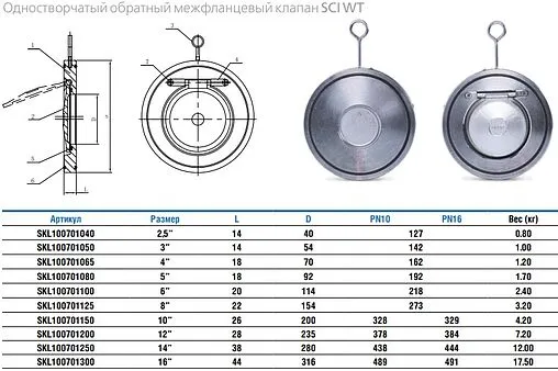 Клапан обратный поворотный одностворчатый межфланцевый Ду40 Ру16 Water Technics SCI WT SKL100701040