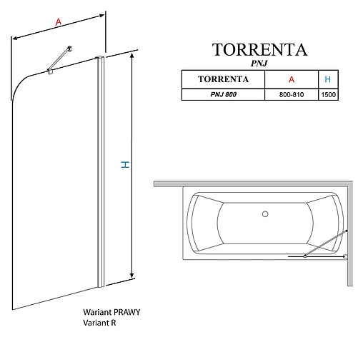 Шторка на ванну 800мм тонированное стекло Radaway Torrenta PNJ PNJ 80 R 201101-105NR