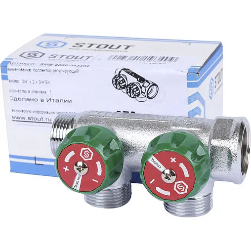 Коллектор регулирующий проходной 2 отвода ¾&quot;в/н x ¾&quot;ек Stout SMB-6850-343402