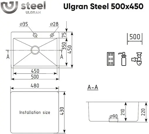 Мойка кухонная Ulgran Steel 50 черная брашированая сталь