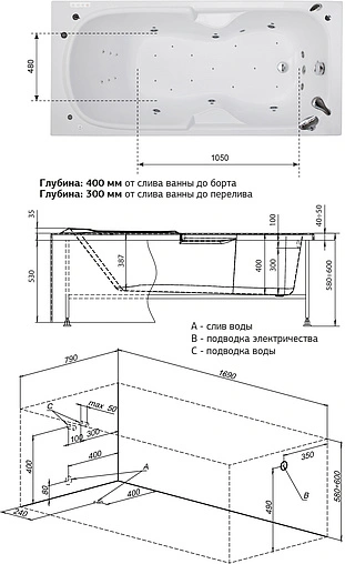 Ванна акриловая Aquanet Polo 170x80 00204024