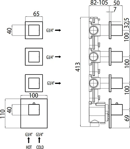 Термостат для 3 потребителей Bossini Cube хром Z032205.030