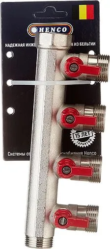 Коллектор запорный проходной 4 отвода красный ¾&quot;в/н x ¾&quot;ек Henco VB050504-ROOD