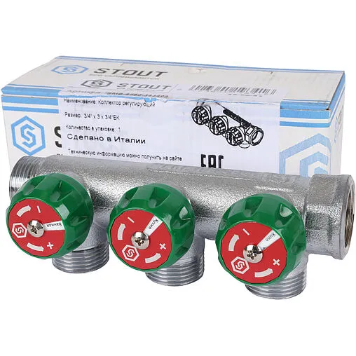 Коллектор регулирующий проходной 3 отвода ¾&quot;в/н x ¾&quot;ек Stout SMB-6850-343403