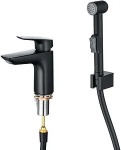 Смеситель для раковины с гигиеническим душем Aquatek Вега чёрный матовый AQ1012MB, 1