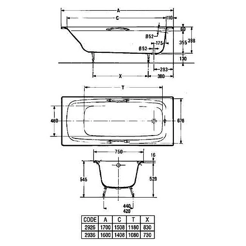 Ванна чугунная Jacob Delafon Diapason 170x75 E2926-00