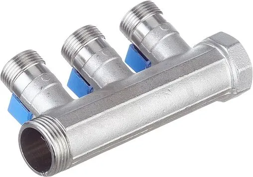 Коллектор запорный проходной 3 отвода синий 1&quot;в/н x ¾&quot;ек Henco VB060503-BLAUW