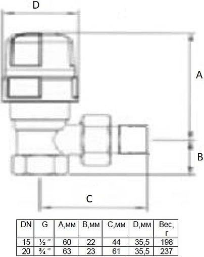 Вентиль терморегулирующий угловой ¾" в/н STI Вентиль терморегулирующий угловой ¾" в/н STI