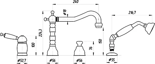 Смеситель на борт ванны на 4 отверстия Migliore Oxford хром матовый ML.OXF-6355.Bi.CsCr