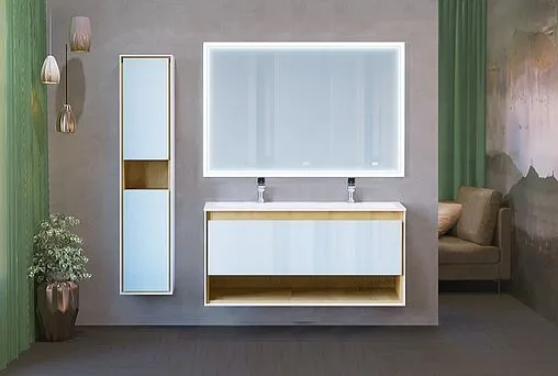 Тумба-умывальник подвесная Jorno Glass 120 белый/дуб сонома Gla.01.122/P/W+Mol.08.120/W