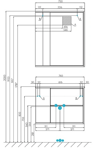 Тумба под умывальник подвесная Aquaton Бостон 75 дуб эврика/белый 1A252601BN010