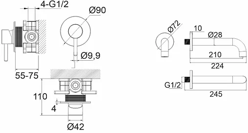 Смеситель для ванны скрытого монтажа WHITECROSS Y gold золото YSET03GL