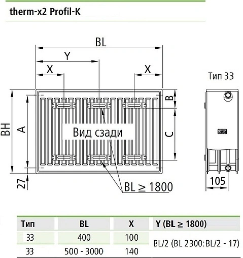 Радиатор стальной панельный Kermi Profil-K Therm-x2 тип 33 600 x 1000 мм FK0330601001N2Y
