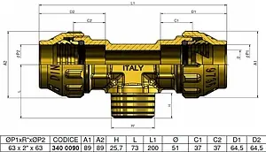 Тройник компрессионный переходной 63мм x 2"н x 63мм Tiemme 3400090 Тройник компрессионный переходной 63мм x 2"н x 63мм Tiemme 3400090, 2