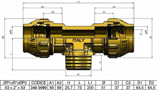 Тройник компрессионный переходной 63мм x 2"н x 63мм Tiemme 3400090