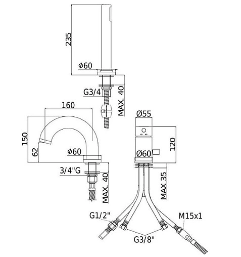 Смеситель на борт ванны на 3 отверстия Paffoni Light чёрный матовый LIG047NO