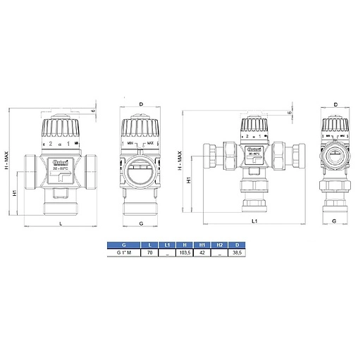 Трехходовой термостатический смесительный клапан 1&quot; +20...+43°С Kvs 2.5 Barberi L-comfort V07 M25 0BA