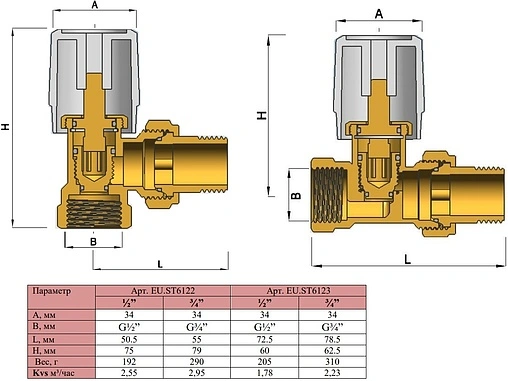 Вентиль регулирующий угловой ¾" в/н Euros EU.ST6122040 34_k