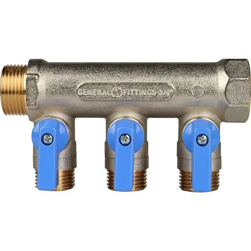 Коллектор запорный проходной 3 отвода синий ¾"в/н x ½"н Stout SMB 6201 341203