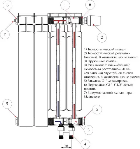 Радиатор биметаллический 8 секций нижнее левое подключение Rifar Alp Ventil 500 RAVL50008