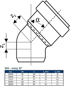 Отвод внутренний бесшумный D=110мм Угол 30° Ostendorf Skolan Safe SKB 335110, 2