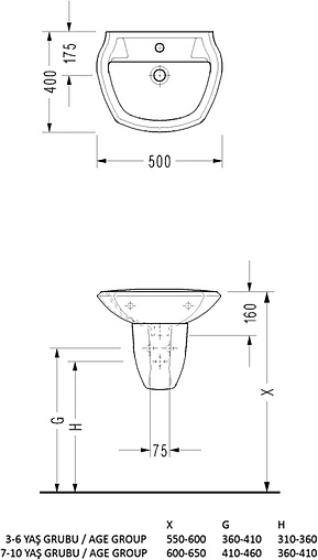 Раковина с полупьедесталом Serel For children 50 белый 8701DOGR+8721DOGR