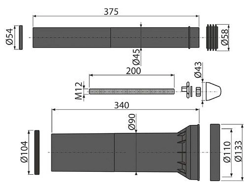 Комплект канализационной арматуры для инсталляции к унитазу с удлиненными деталями для инвалидов AlcaPlast M9000