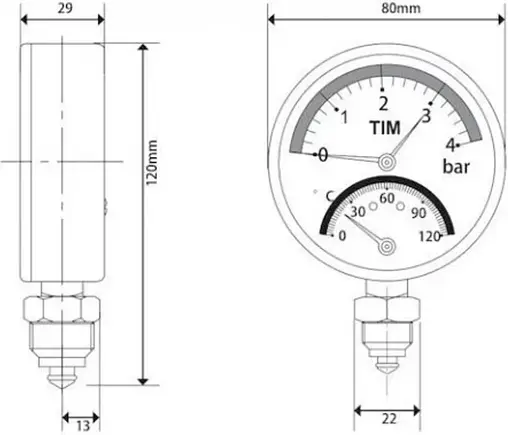 Термоманометр радиальный TIM 80мм 4 бар 120°С ½&quot; Y-80-4