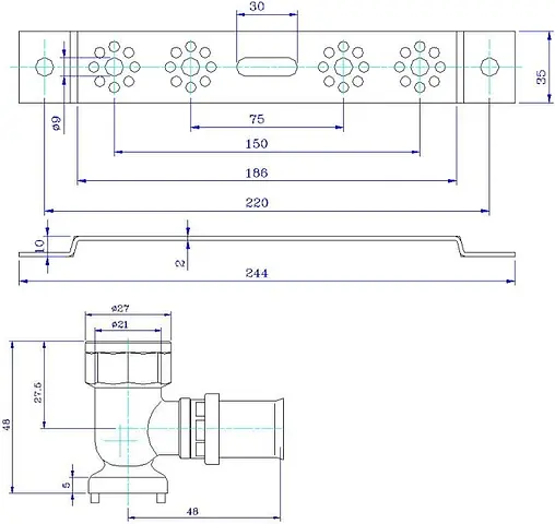 Монтажная планка с водорозетками пресс 16мм x ½"в Valtec VTm.224.N.001604 Монтажная планка с водорозетками пресс 16мм x ½"в Valtec VTm.224.N.001604
