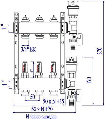 Группа коллекторная с расходомерами 4 отвода 1"в/в x ¾"ек Valtec VTc.589.EMNX.0604