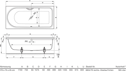 Ванна стальная Bette Ocean 170x75 белый 8854-000