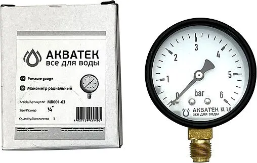 Манометр радиальный Aquatech 63мм 6 бар ¼&quot; MR001-63