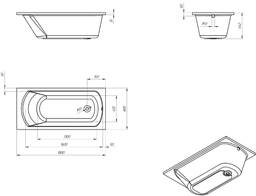 Ванна акриловая Eurolux Miamika 180х80 E1018080023 Ванна акриловая Eurolux Miamika 180х80 E1018080023