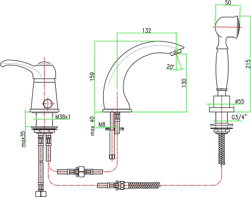 Смеситель на борт ванны на 3 отверстия Fiore Jafar хром 47CR5105