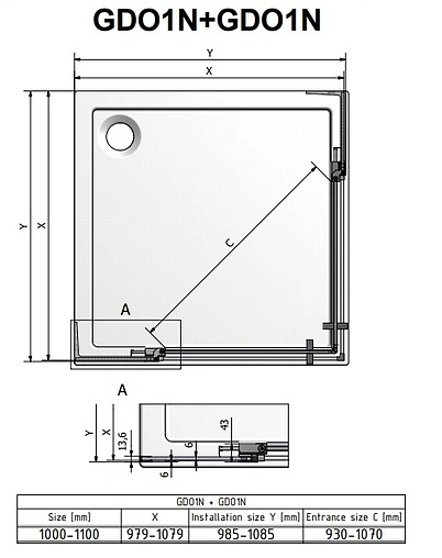 Душевое ограждение 1100x1100мм прозрачное стекло Roltechnik Elegant Neo Line GDO1N+GDO1N/1100*1100 188-1100000-00-02+188-1100000-00-02