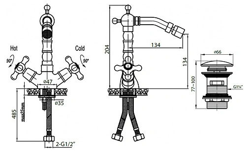 Смеситель для биде Cezares Retro золото RETRO-BS2-03