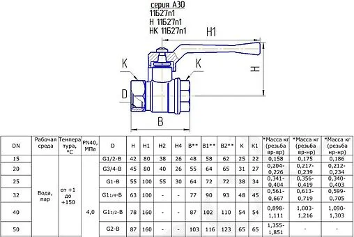 Кран шаровый 1¼&quot;в x 1¼&quot;в БАЗ 11б27п1 БАЗ.А30.0.32.40