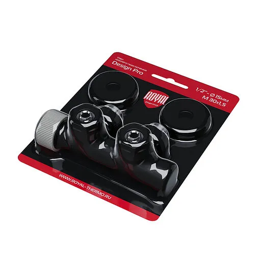 Узел нижнего подключения радиатора терморегулирующий угловой правый 15x1.0 x ¾"ек (½"н) Royal Thermo Design Pro черный RANPU11215BL