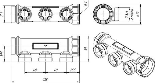 Коллектор распределительный проходной 3 отвода 1&quot;в/н x ¾&quot;ек Valtec VTc.500.NE.060503
