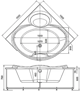 Ванна акриловая Aquatek Эпсилон 150х150 с фронтальной панелью, с каркасом (вклеенный) EPS150-0000066, 2