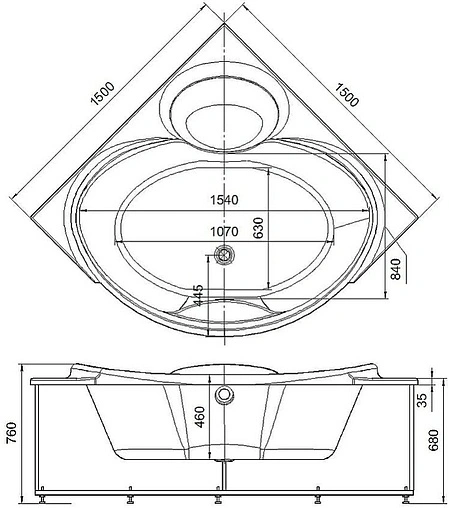 Ванна акриловая Aquatek Эпсилон 150х150 с фронтальной панелью, с каркасом (вклеенный) EPS150-0000066