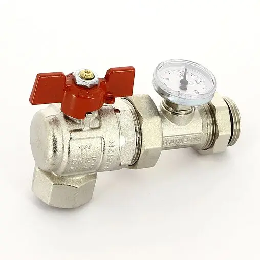 Кран шаровый с американкой угловой и термометром 1"в x 1"н Uni-fitt 138T4000 Кран шаровый с американкой угловой и термометром 1"в x 1"н Uni-fitt 138T4000