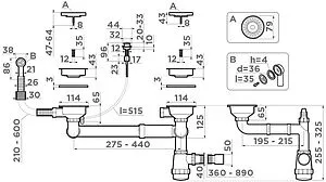 Сифон бутылочный для двойной мойки с переливом Omoikiri WK-1.5-CL-R-A-AB 4957093 Сифон бутылочный для двойной мойки с переливом Omoikiri WK-1.5-CL-R-A-AB 4957093, 2
