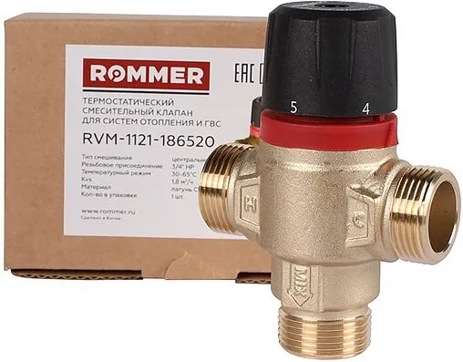 Трехходовой термостатический смесительный клапан ¾&quot; +30...+65°С Kvs 1.8 Rommer RVM-1121-186520