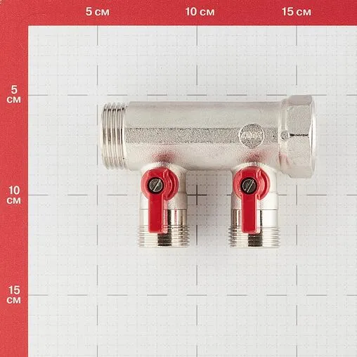 Коллектор запорный проходной 2 отвода красный 1&quot;в/н x ¾&quot;ек Henco VB060502-ROOD